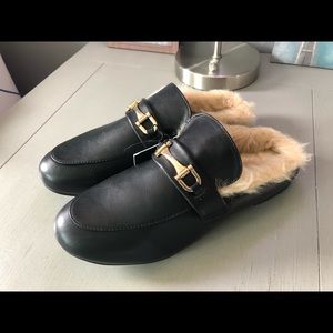 NWT Ellen Tracy Fur Princetown Slides Mules Flats